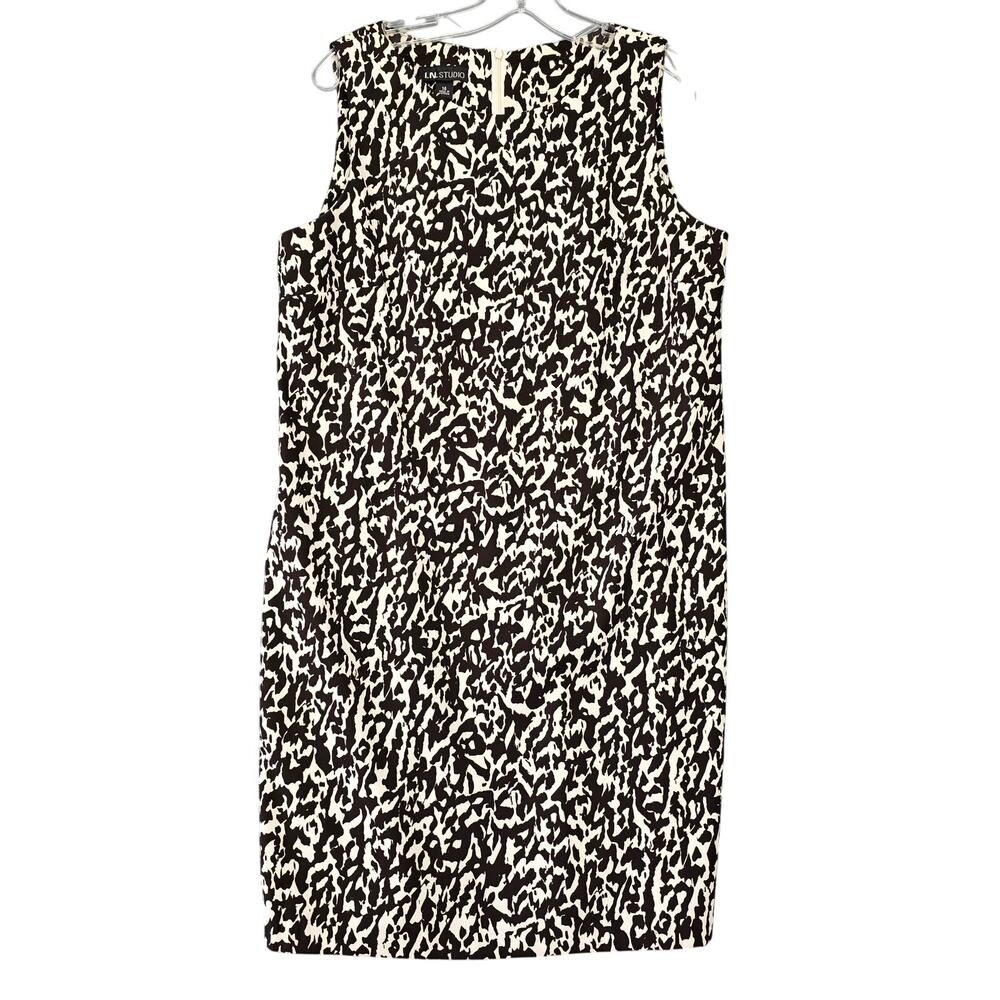 IN Studio Brown White Mini Dress Shift Animal Print Sleeveless Women Size 14 Zip